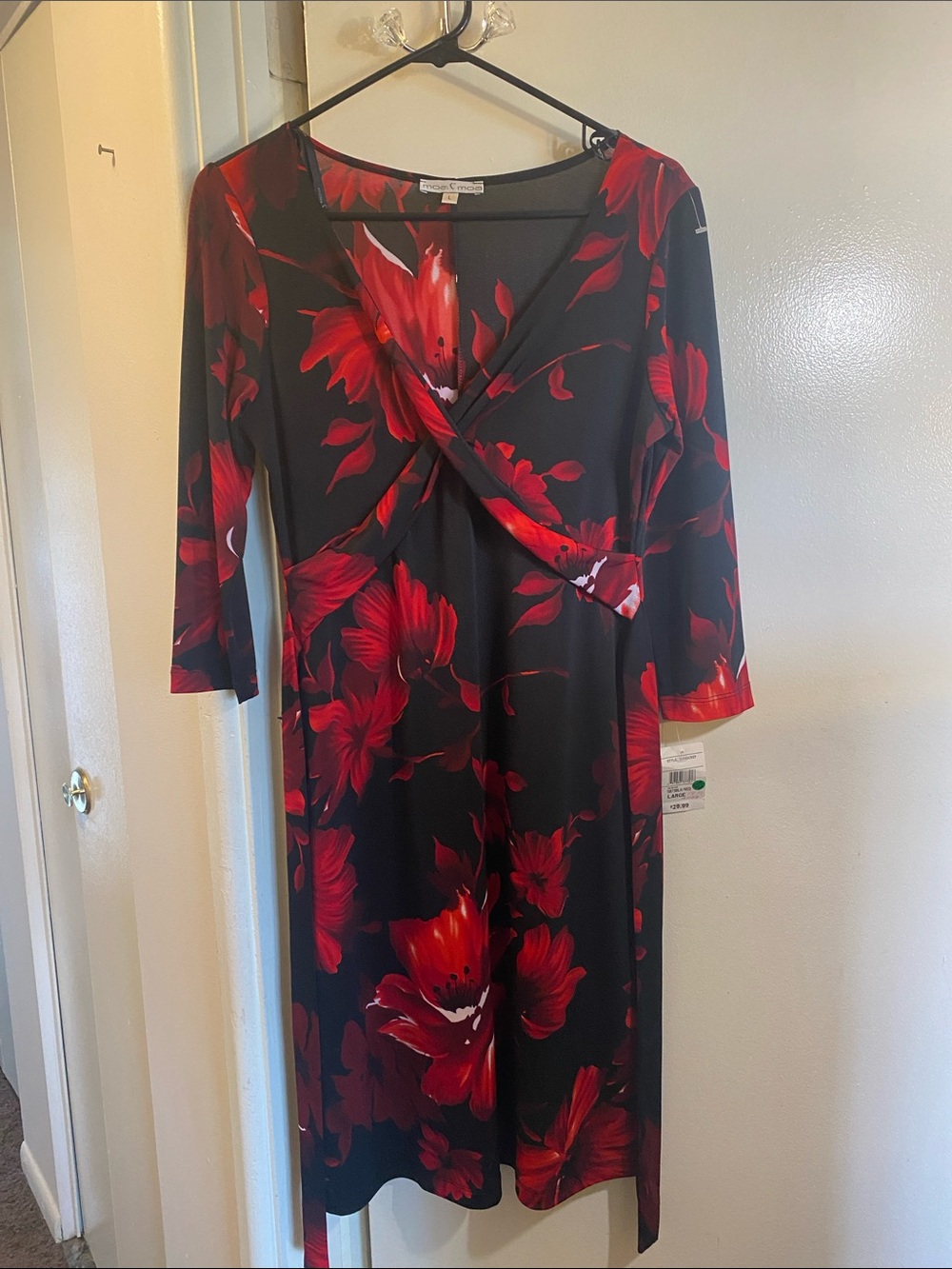 Moa Moa Black Midi Dress with Red Floral Twist Front